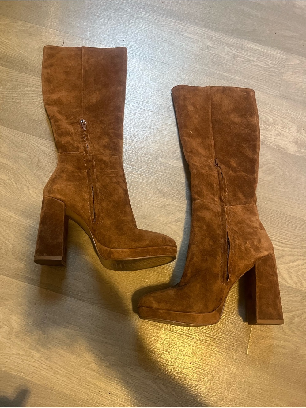 Suede High-Heel Platform Knee Boots - Brown Boho